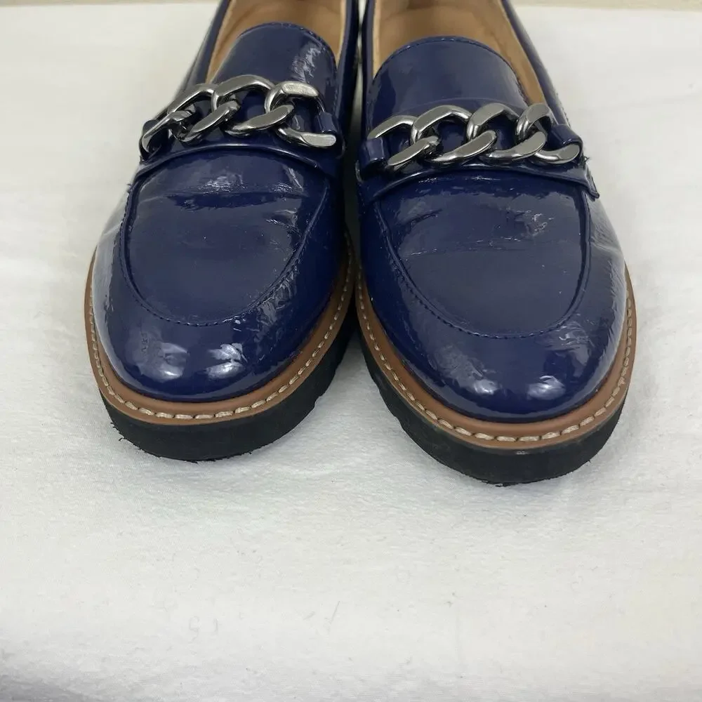 NATURALIZER Emmal Lug Sole Chain Faux Patent Leather Loafers Size 9 Haven Blue